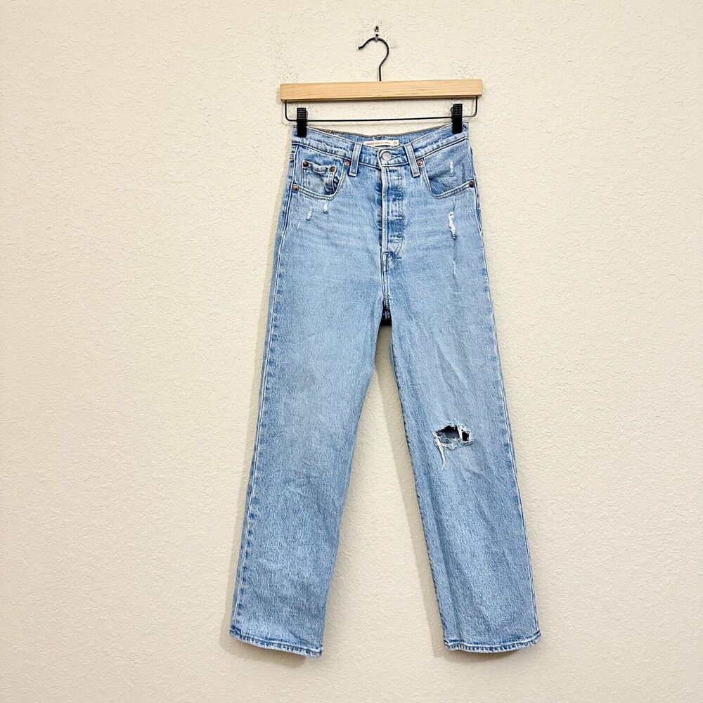 LEVI'S High-Rise Ribcage Straight Ankle Jeans Button Fly Distressed